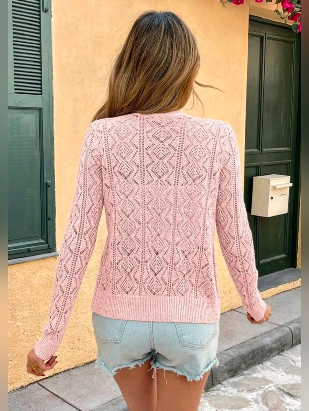 New Boho Semi Sheer Knit Button Down Cardigan Sweater Pink - Picture 5 of 10